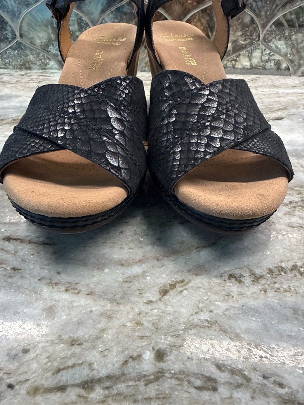 Clarks Black Snake-Texture Wedge Sandals - Picture 12 of 12